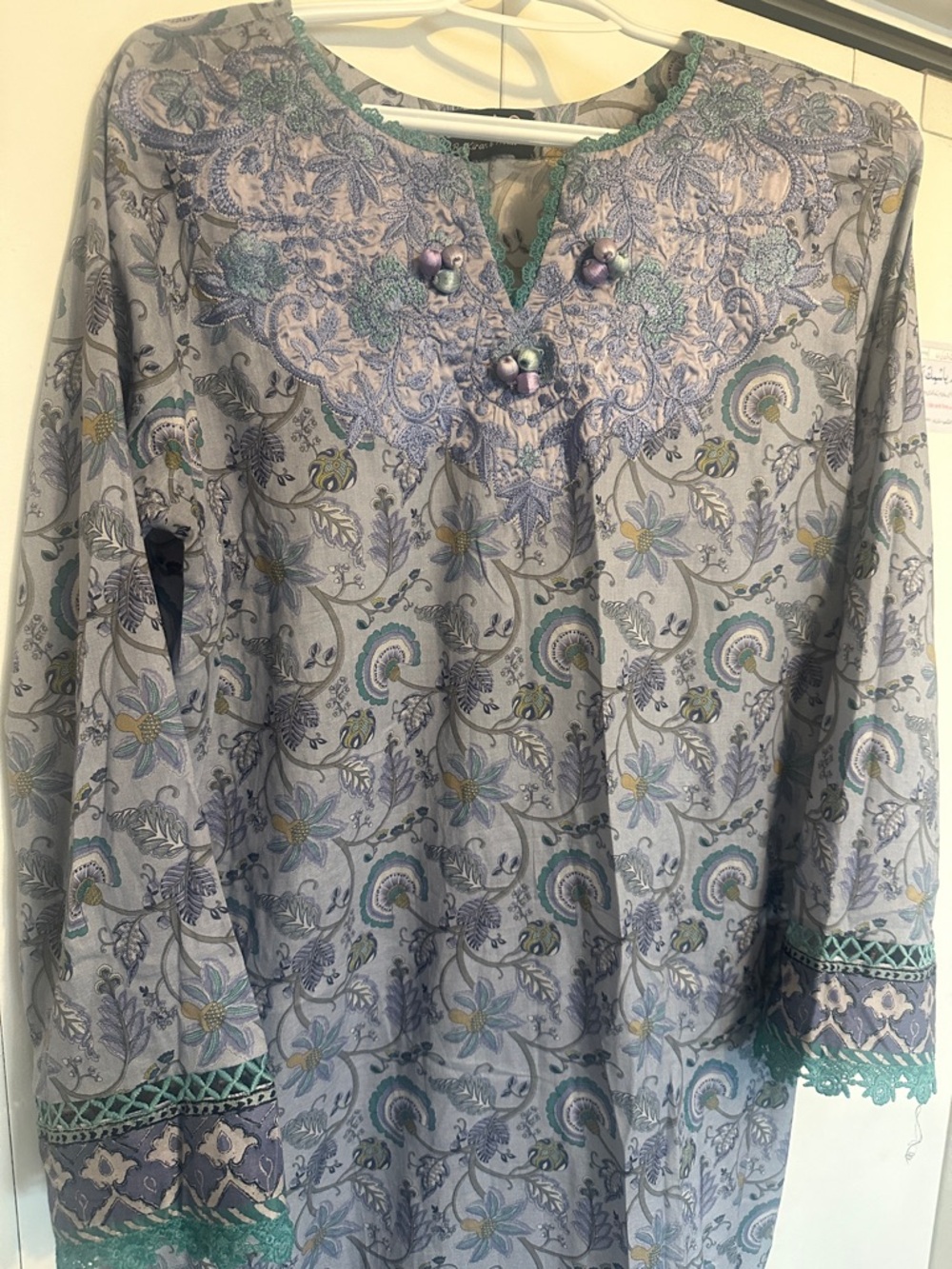 Pakistani/Indian Lawn Embroidered Light Gray Floral Tunic with Teal Accents